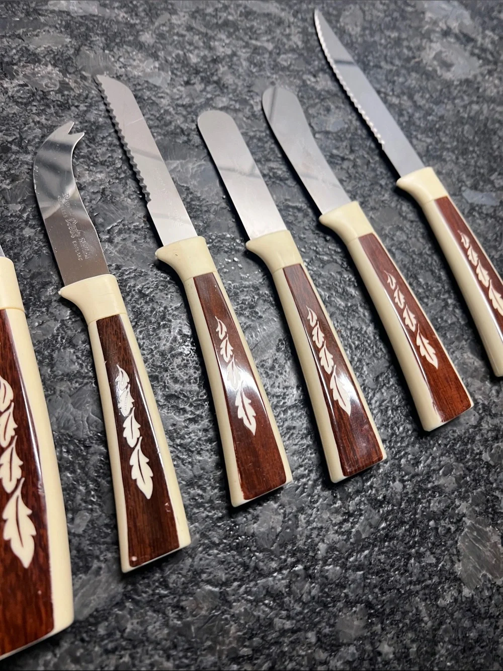 Vintage MCM Assorted Set of 9 Sheffield Utensils with Brown Inlay. Look new!!!